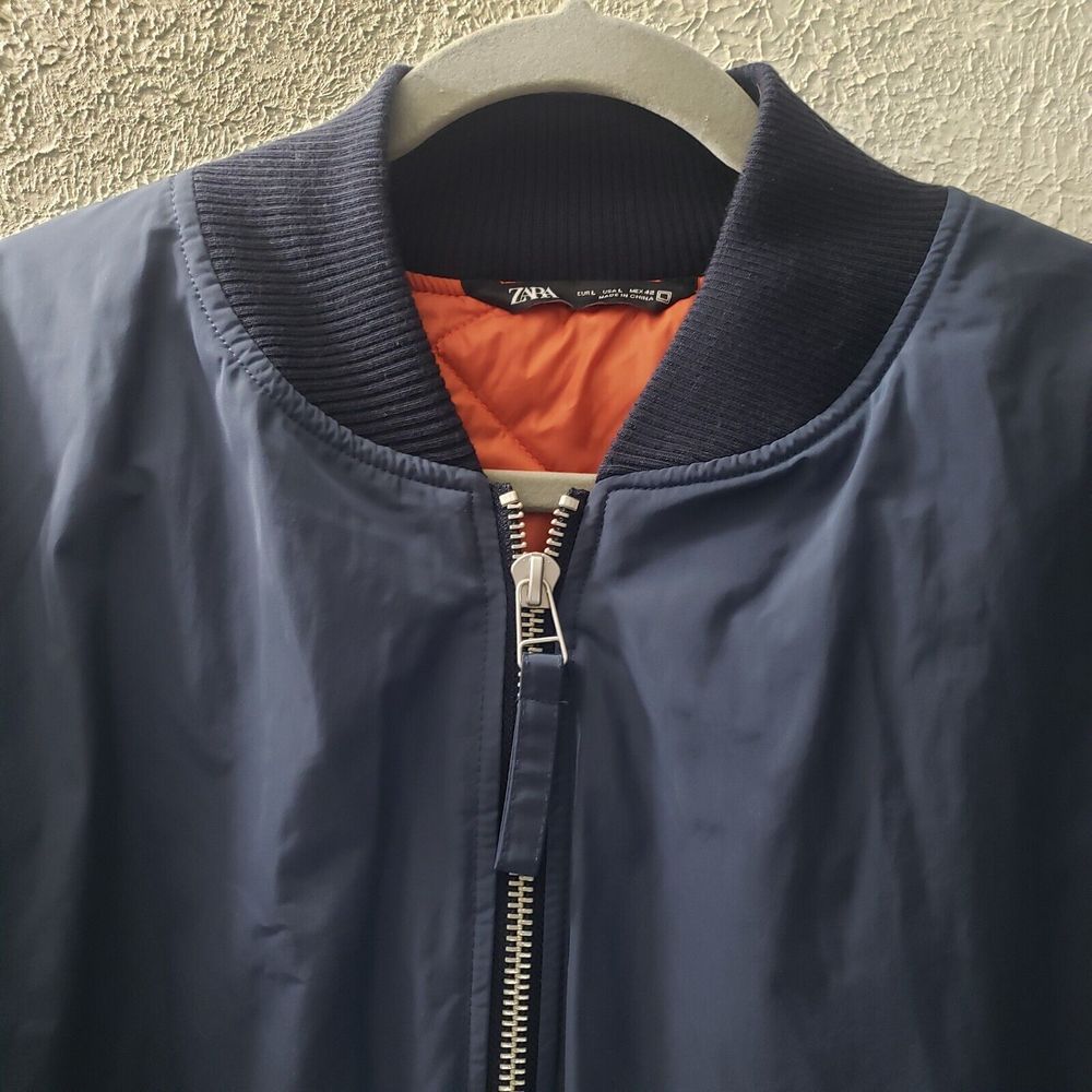 EUC Zara Padded Bomber Jacket Puffer Coat Womens L Navy Blue Quilted Lining Zip - Picture 2 of 11